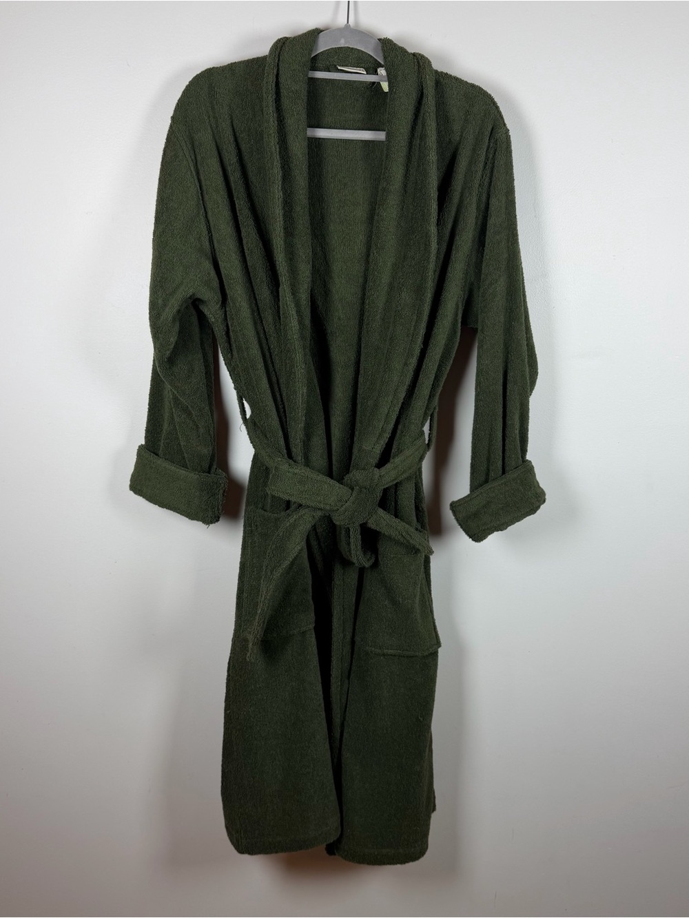 L.L. Bean Mens Long Robe Medium Green Terry Cloth 100% Cotton Loungewear Cozy